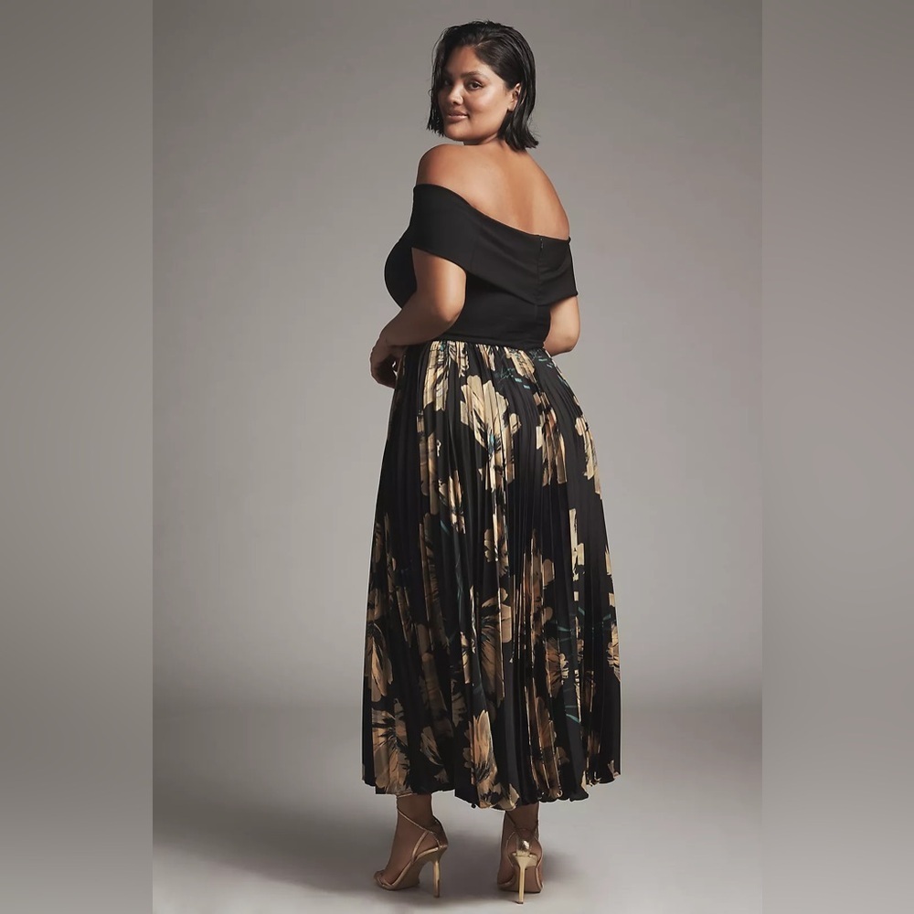 Anthropologie Black One-Shoulder Midi Dress with Gold Floral Pleats - Picture 6 of 6